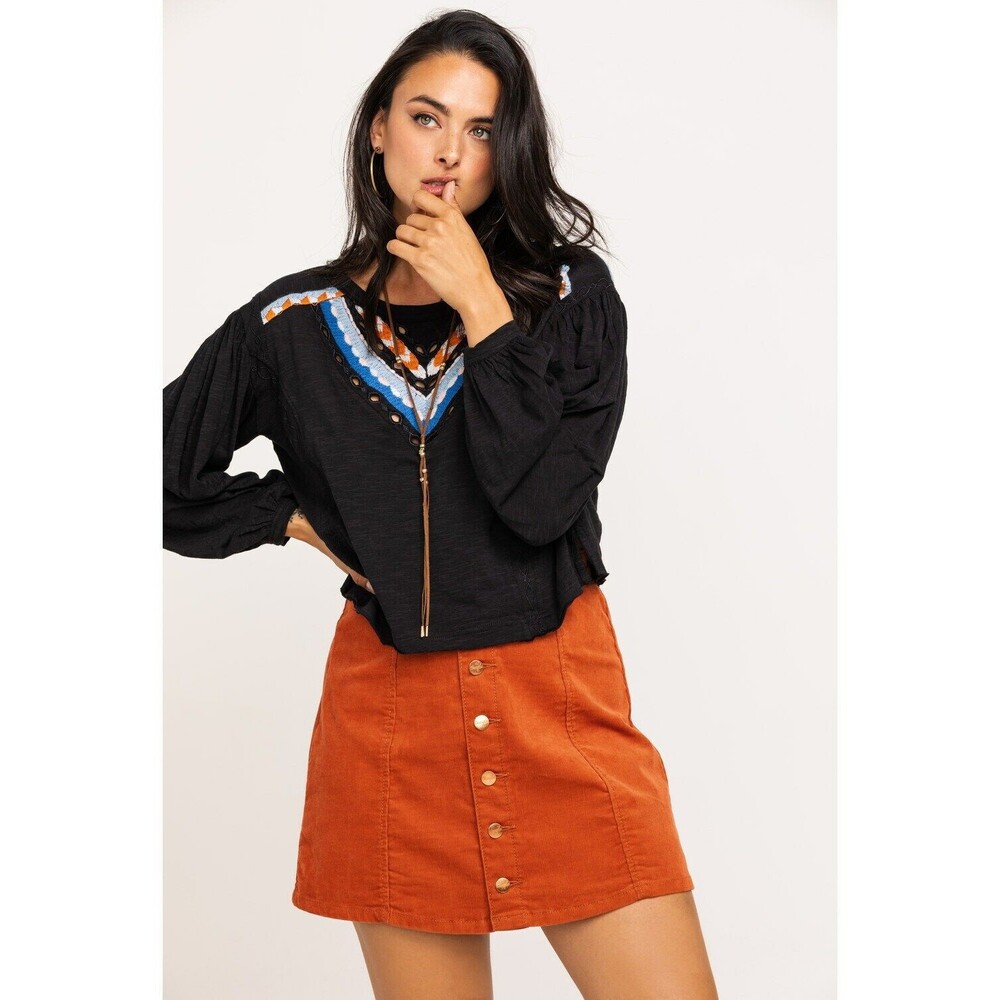 Free People Hand Me Down Cropped Blouse Top Long Sleeve Embroidered S NWT 226897